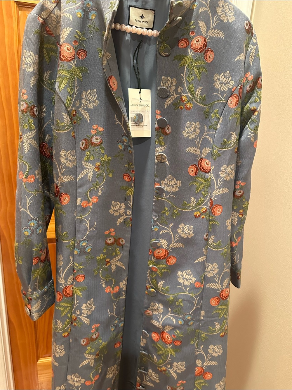 Light Blue Floral Long Coat- Will fit more Sz Large/ XL - Picture 10 of 16